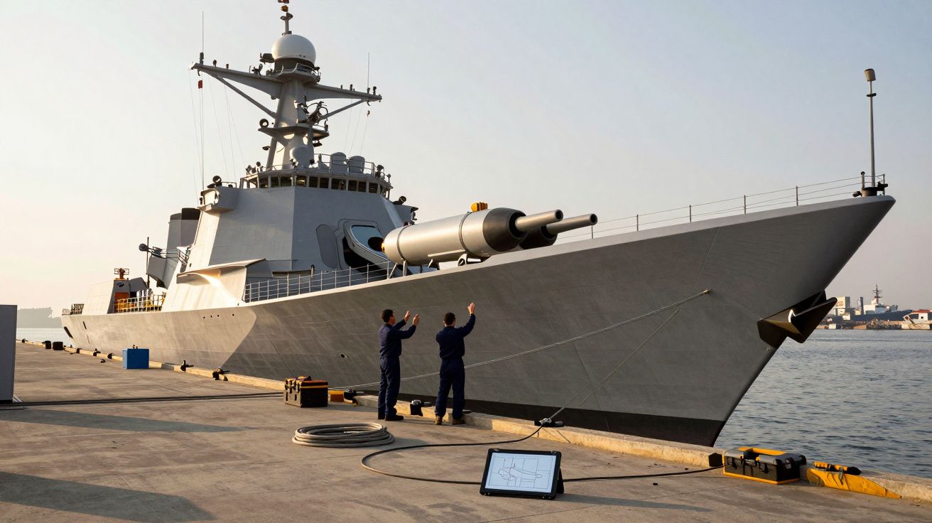 Okręt wojenny zacumowany przy nabrzeżu, dwóch pracowników wykonuje prace serwisowe na pokładzie.