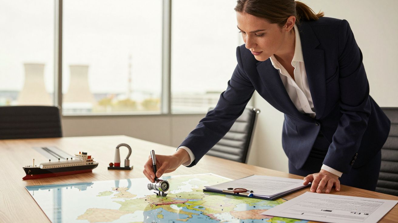 Bizneswoman analizująca mapę na stole w biurze, wskazująca punkt kompasem.