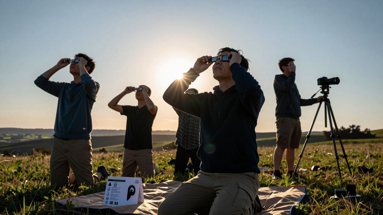 Grupa osób obserwuje niebo przez specjalne okulary podczas zaćmienia słońca na polu, w tle wschód słońca.
