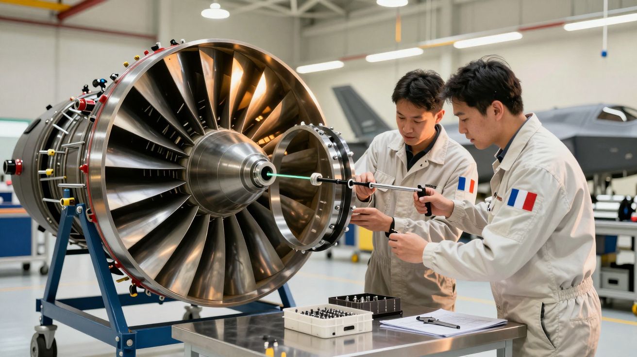 Dwóch techników pracuje nad silnikiem odrzutowym w hangarze.