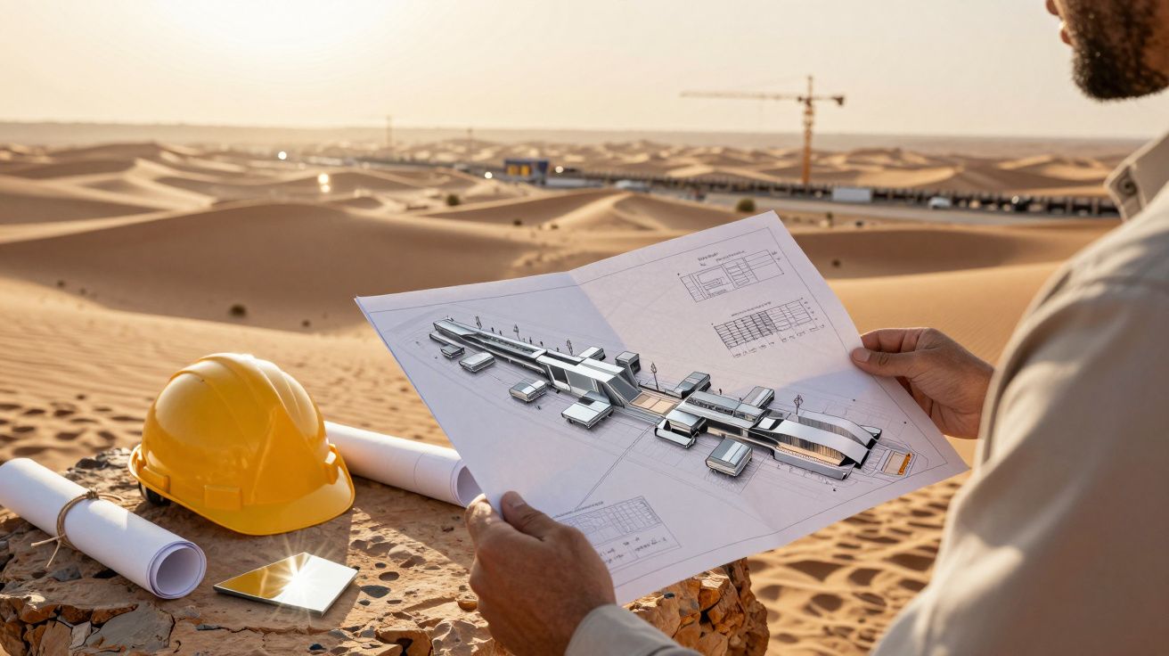 Osoba trzymająca plan budowy na pustyni, obok żółty kask ochronny.