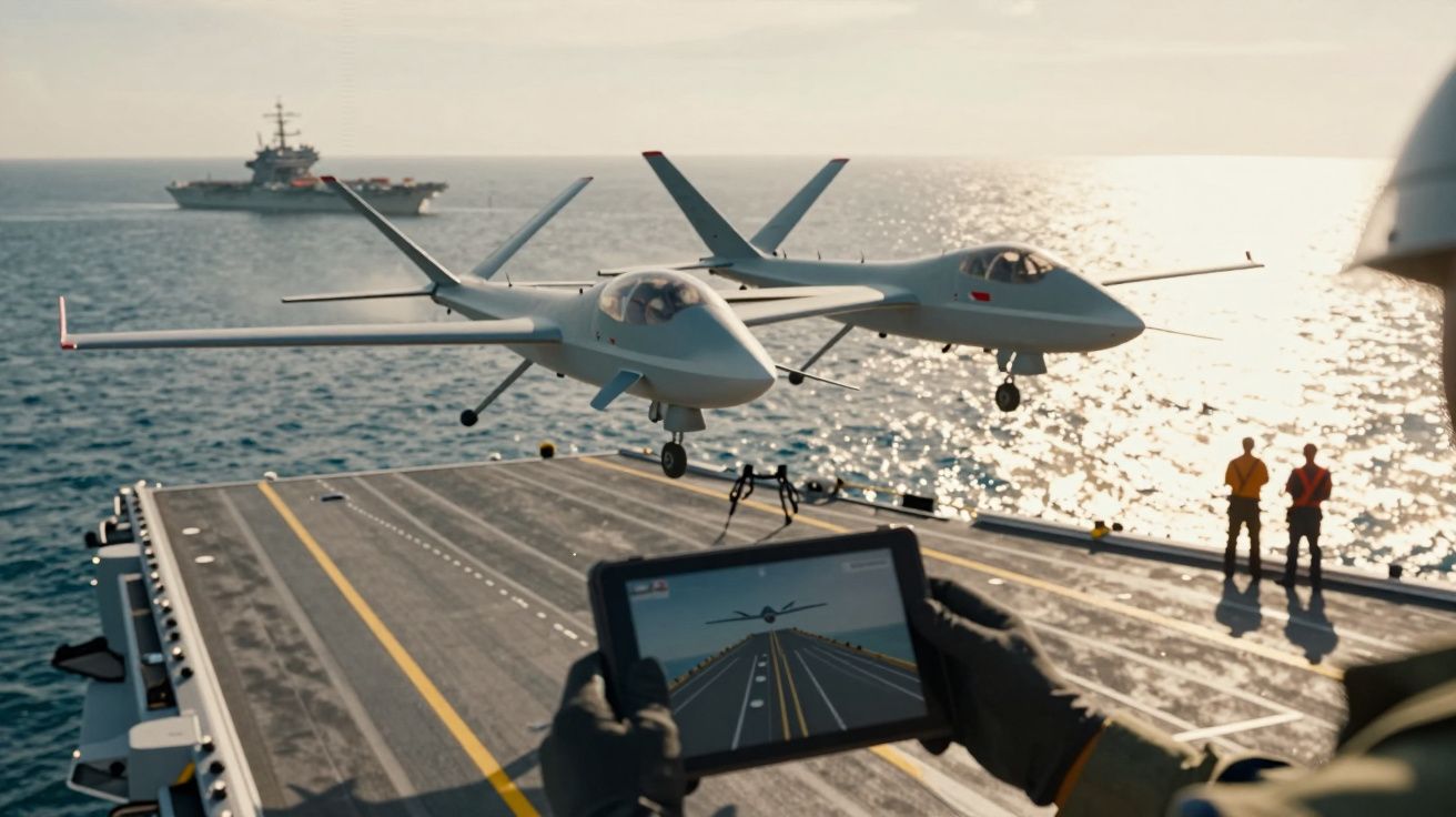 Dwa drony na platformie lotniskowca na tle morza, tablet z podglądem startu, ludzie obserwujący z boku.
