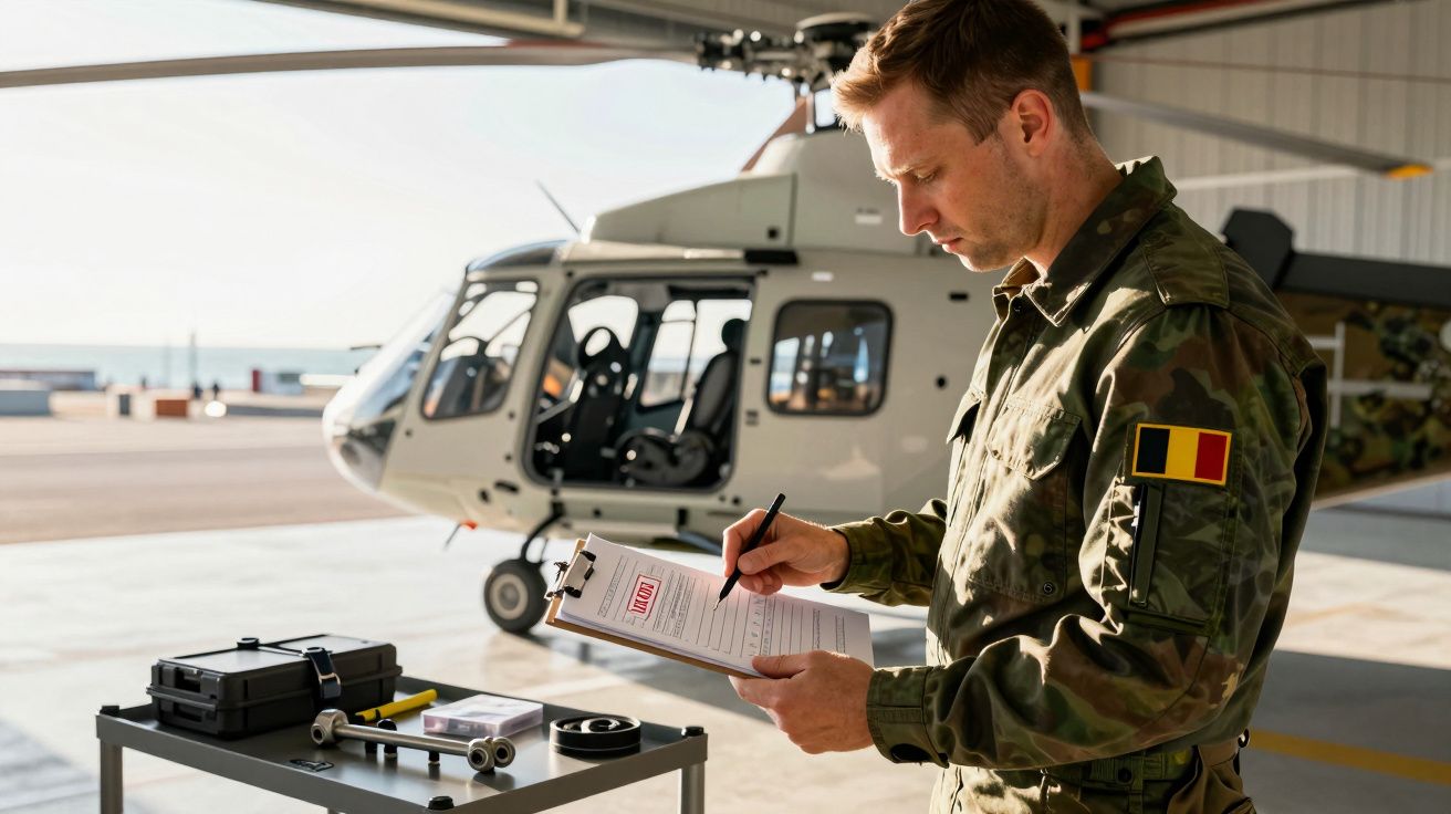 Żołnierz w mundurze z flagą Belgii sprawdza dokumenty przy helikopterze na lotnisku.
