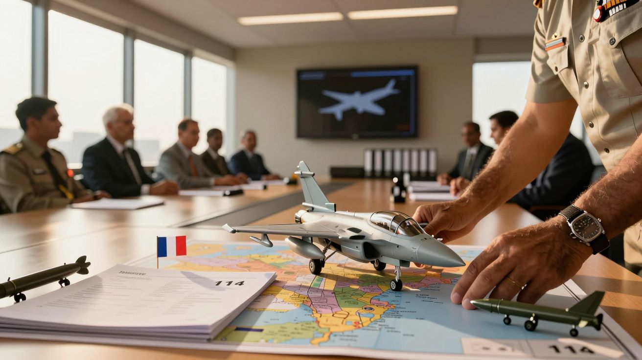 Wojskowy przesuwa model samolotu na mapie podczas spotkania w sali konferencyjnej z innymi urzędnikami.