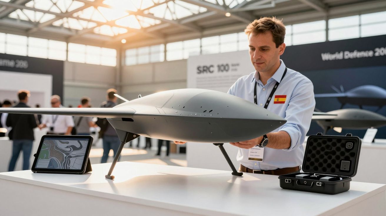 Mężczyzna prezentuje model drona na wystawie, obok tablet i walizka z kontrolerem.