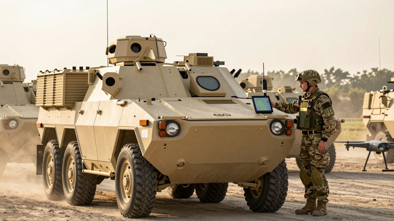 Żołnierz w mundurze stoi obok opancerzonego pojazdu wojskowego na piaszczystym terenie.