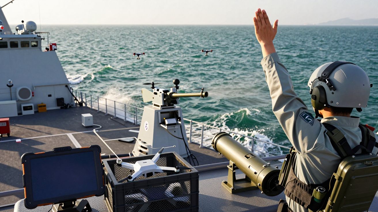 Osoba na statku morskim sterująca dronami na tle falującego morza.