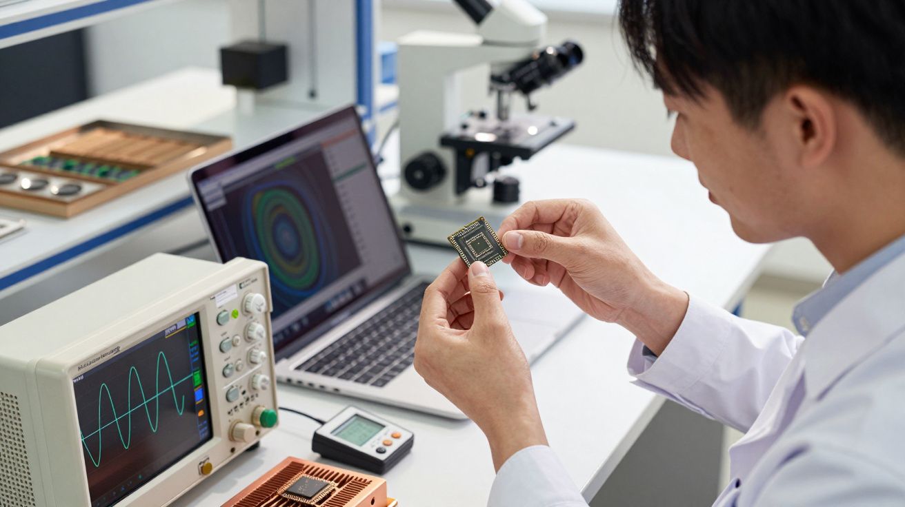 Naukowiec w laboratorium trzyma mikroprocesor; w tle oscyloskop, laptop i mikroskop.