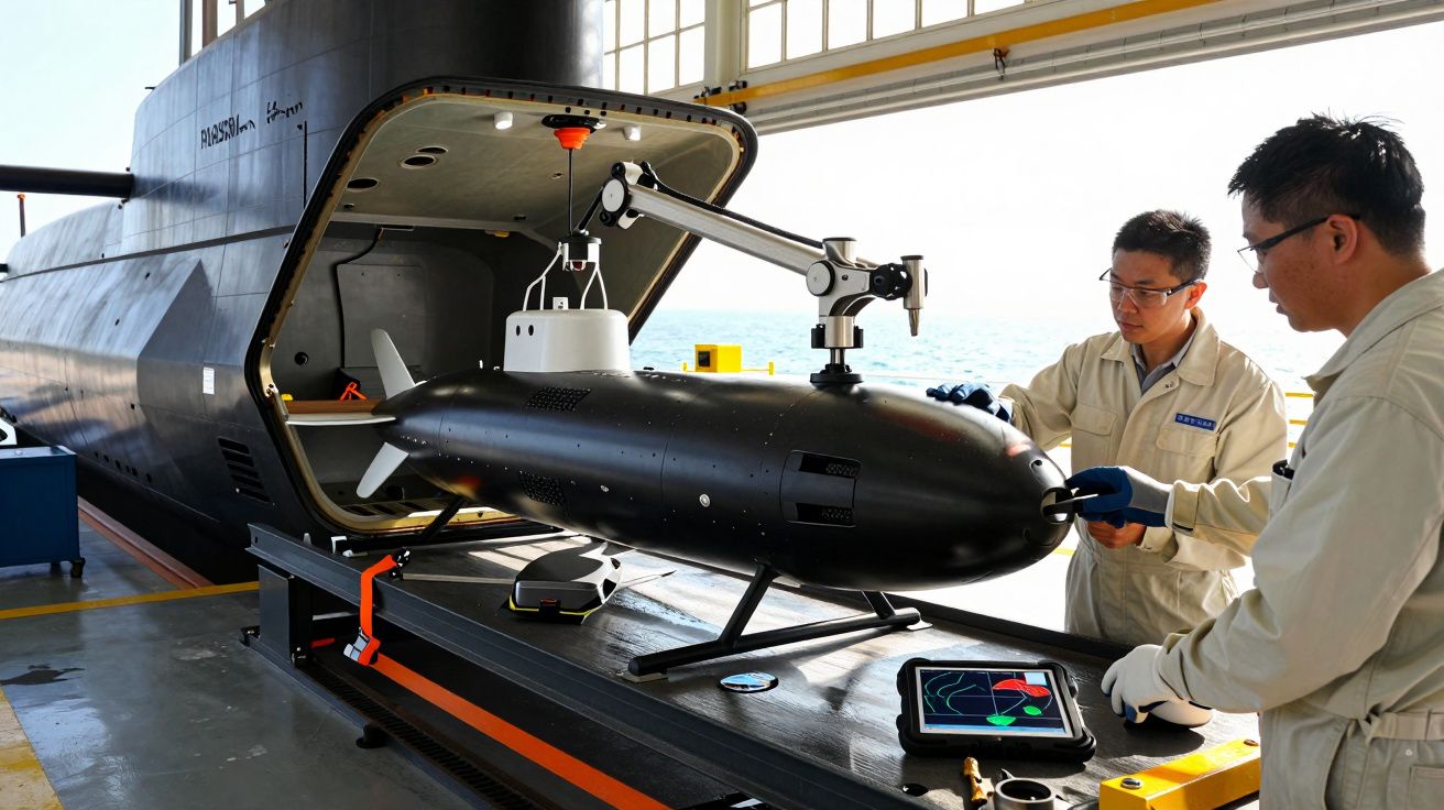 Dwóch mężczyzn pracuje przy miniaturowej łodzi podwodnej w dokach, obok znajduje się zdalne ramię.