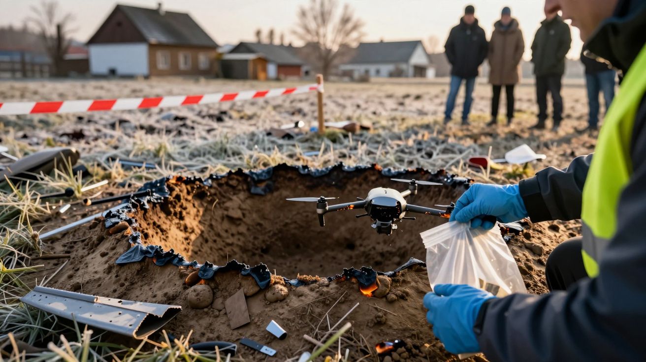 Dziura w ziemi na polu, otoczona taśmą policyjną, technik w kamizelce bada miejsce przy pomocy drona.