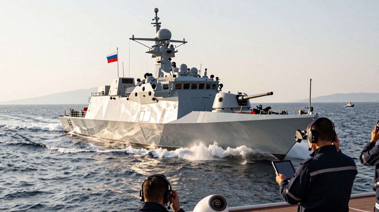 Okręt wojenny płynący po morzu, na pokładzie rosyjska flaga; na pierwszym planie ludzie z słuchawkami.