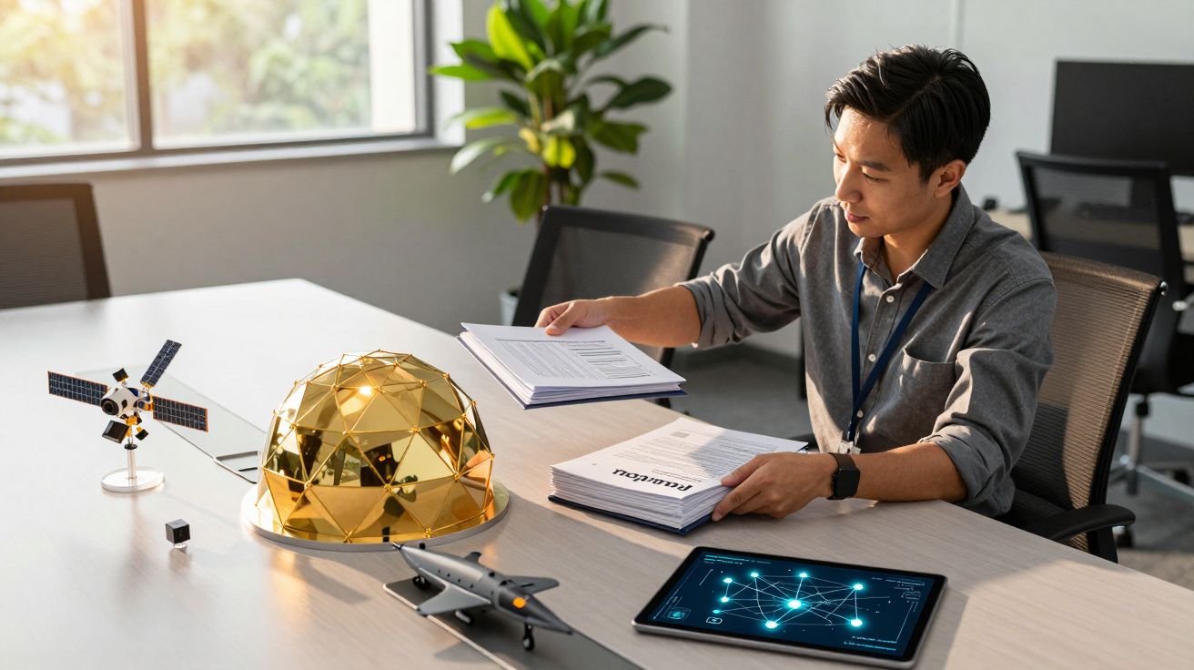Mężczyzna pracujący przy biurku z modelami satelitów, złotą kopułą i tabletem w jasnym nowoczesnym biurze.