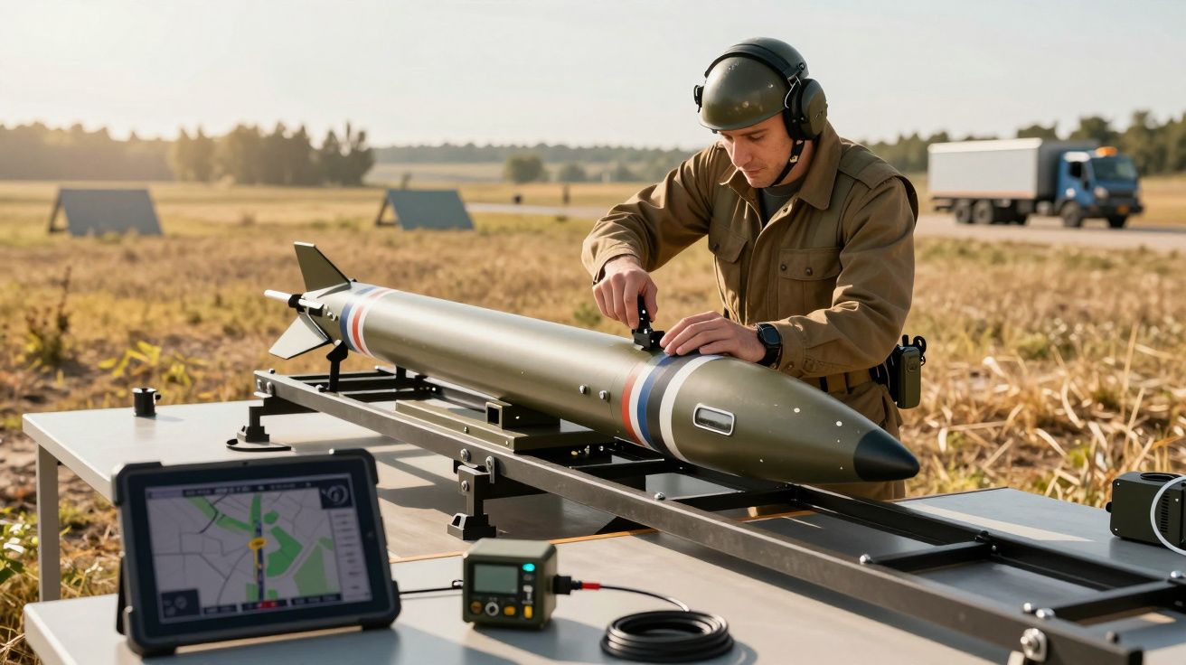 Mężczyzna w hełmie pracuje nad rakietą na poligonie, obok stoi tablet z mapą.