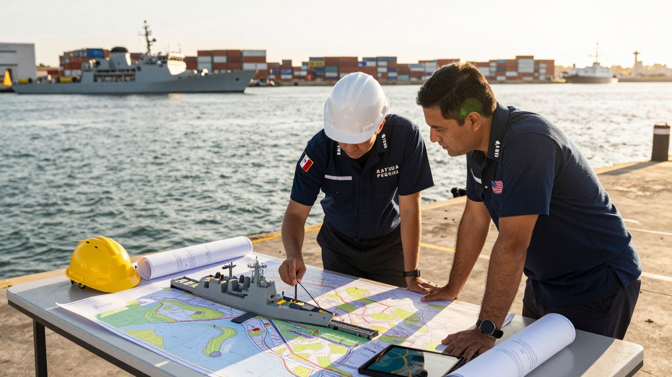 Dwóch mężczyzn w mundurach marynarki wojennej analizuje mapy i model statku na nabrzeżu przy kontenerach.