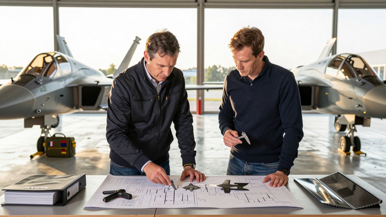 Dwóch mężczyzn przy stole z planami samolotów, w tle dwa myśliwce w hangarze.