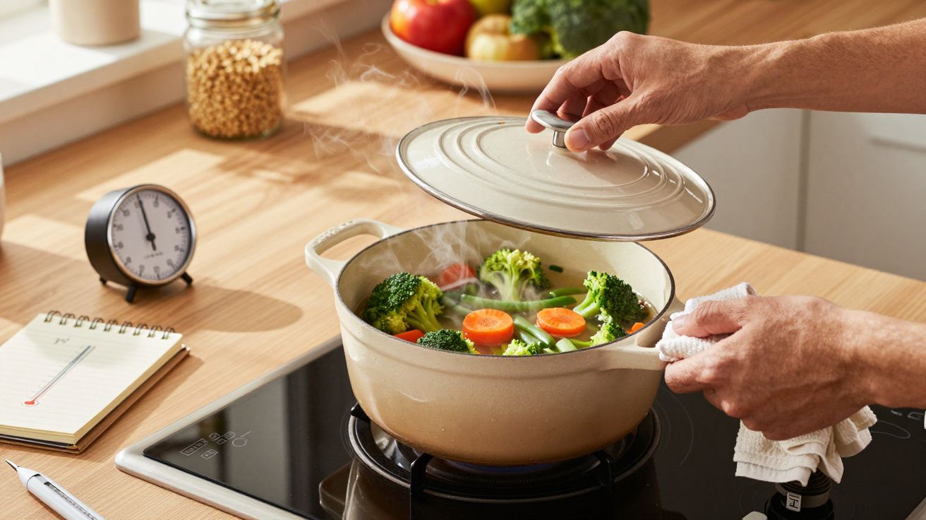 Osoba gotująca warzywa w garnku na kuchence, obok zegar kuchenny i notes na blacie.