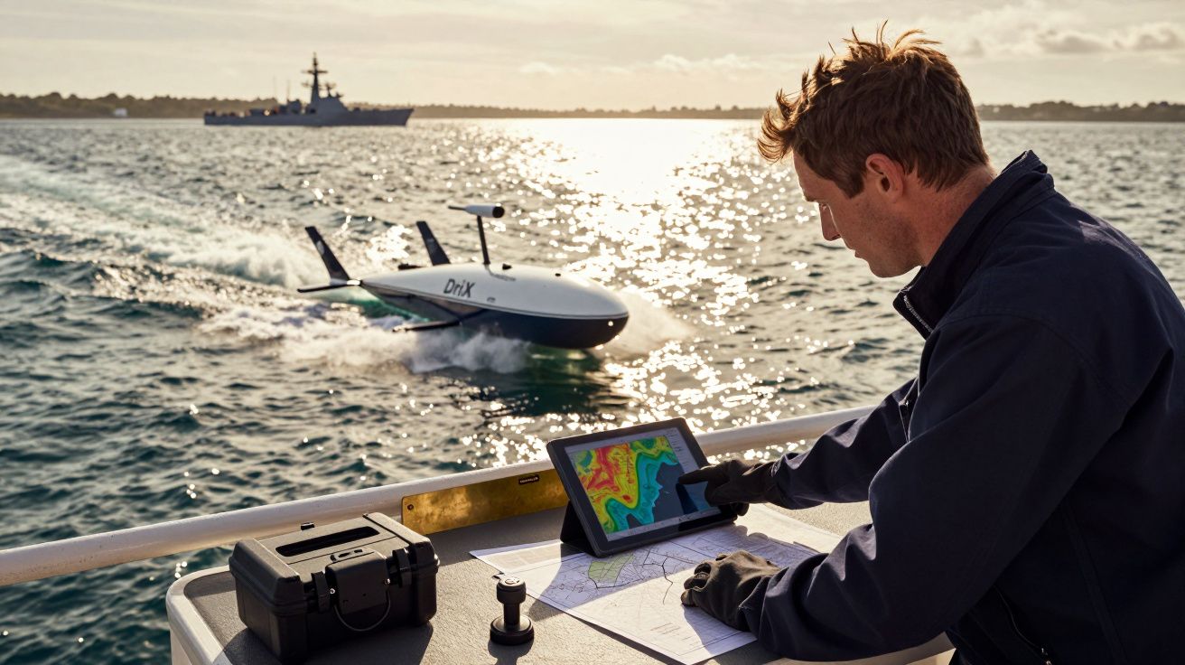 Mężczyzna na łodzi obserwuje drona nad wodą, patrząc na tablet z mapą. W tle widoczny statek wojskowy.