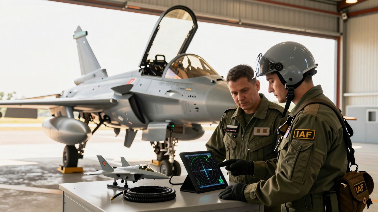 Dwóch żołnierzy w mundurach wojskowych analizuje dane na tablecie, obok stoi myśliwiec w hangarze lotniczym.