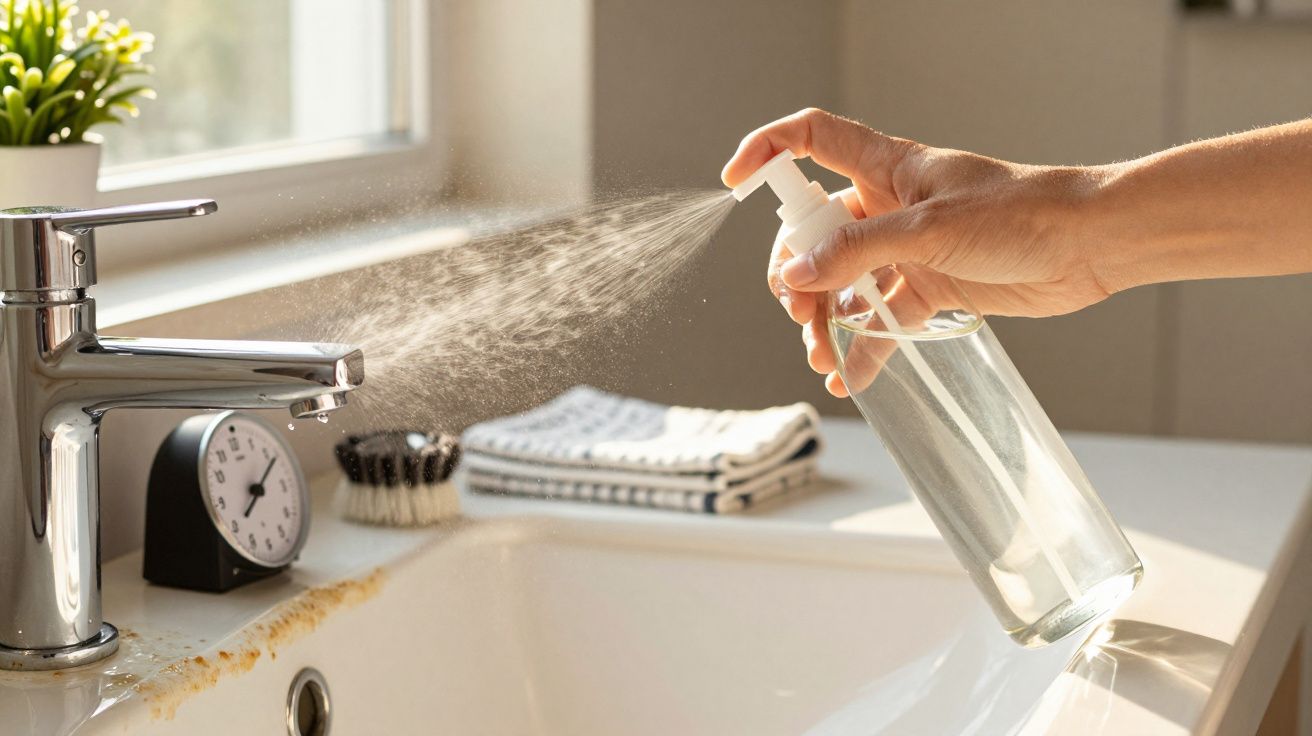 Osoba spryskująca płynem kran w łazience. Na umywalce zegar, szczotki i złożone ręczniki.