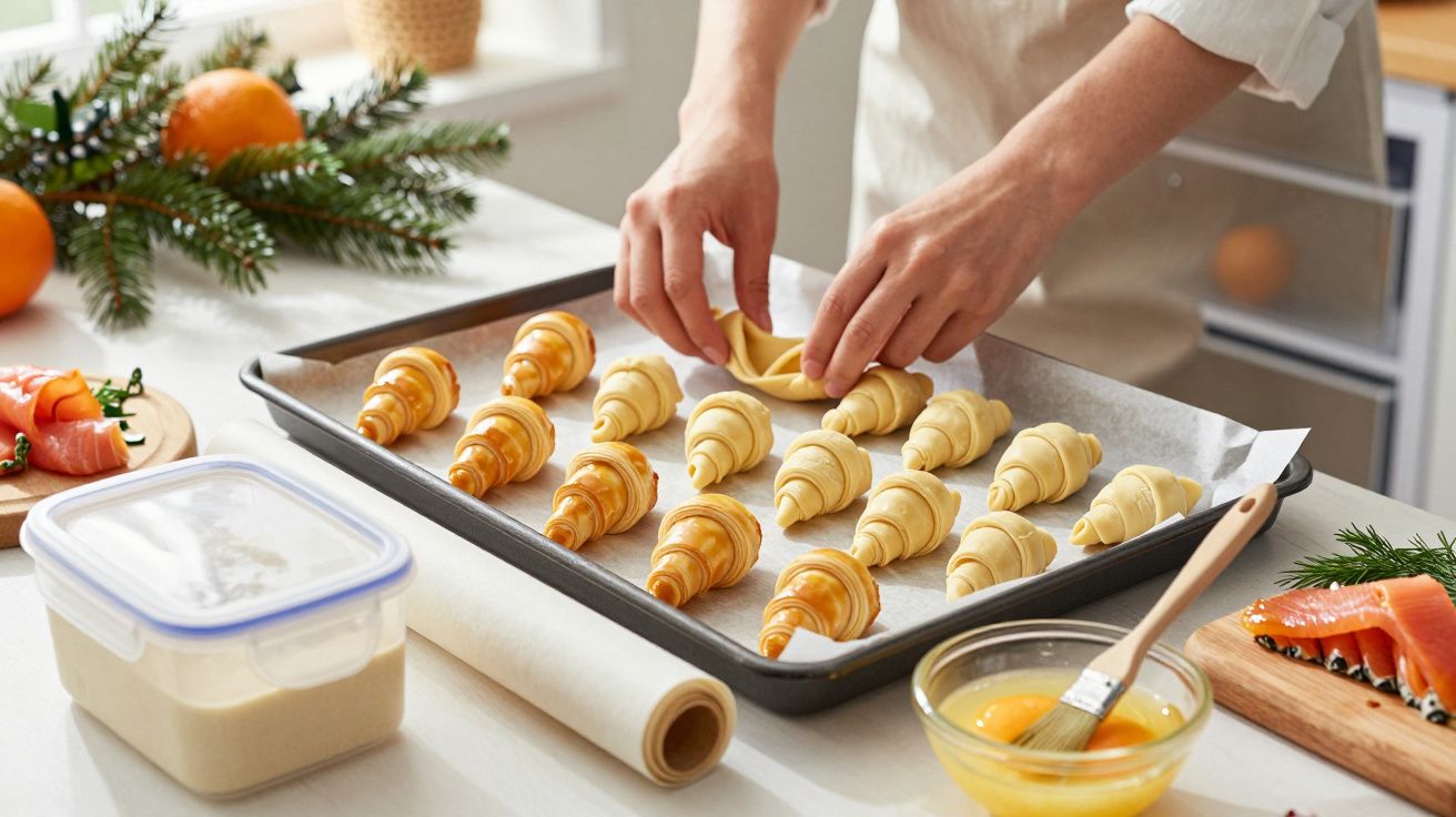 Osoba przygotowuje rogaliki na blasze, obok składniki i ciasto. W tle pomarańcze i gałązki choinki.