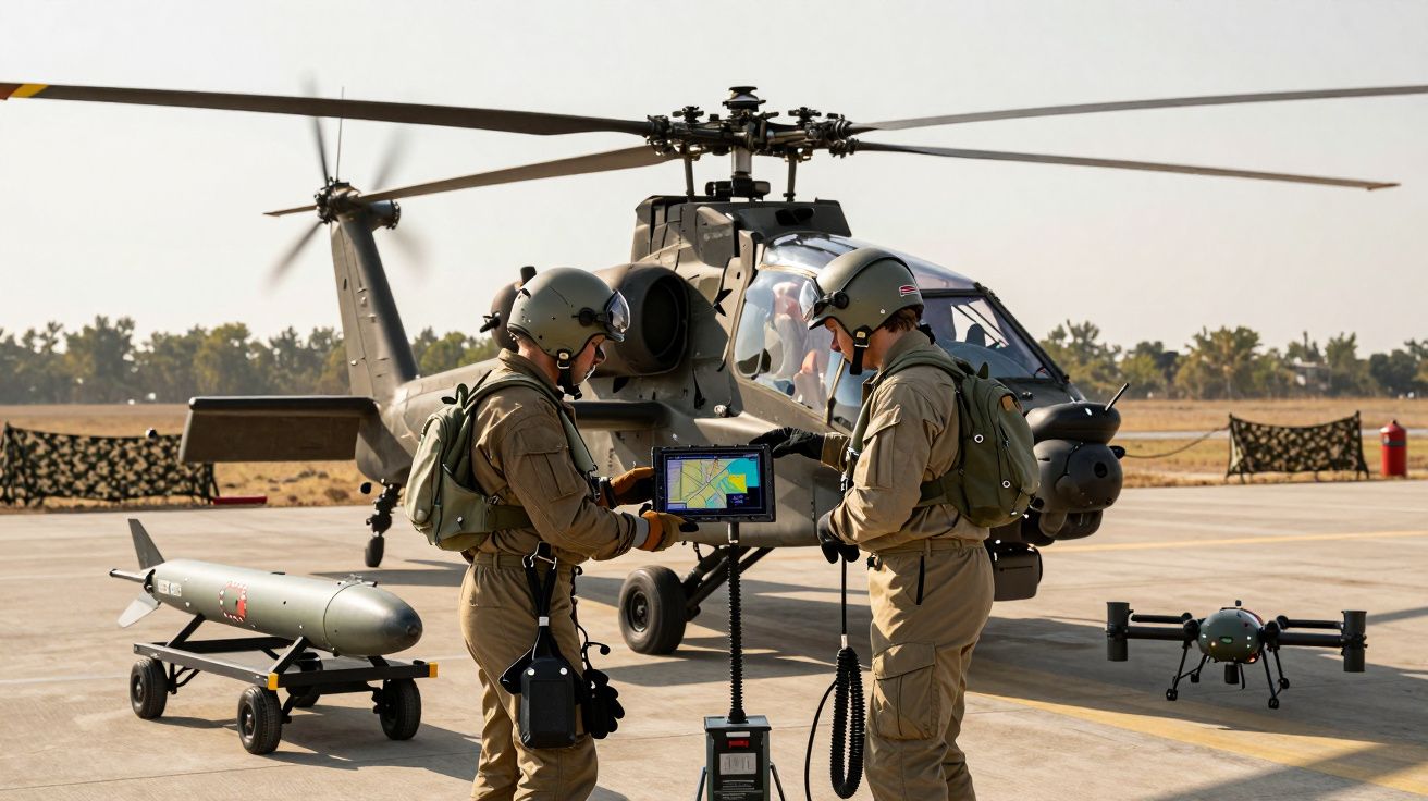 Dwóch żołnierzy w kombinezonach przy helikopterze szturmowym i dronach na lotnisku wojskowym.