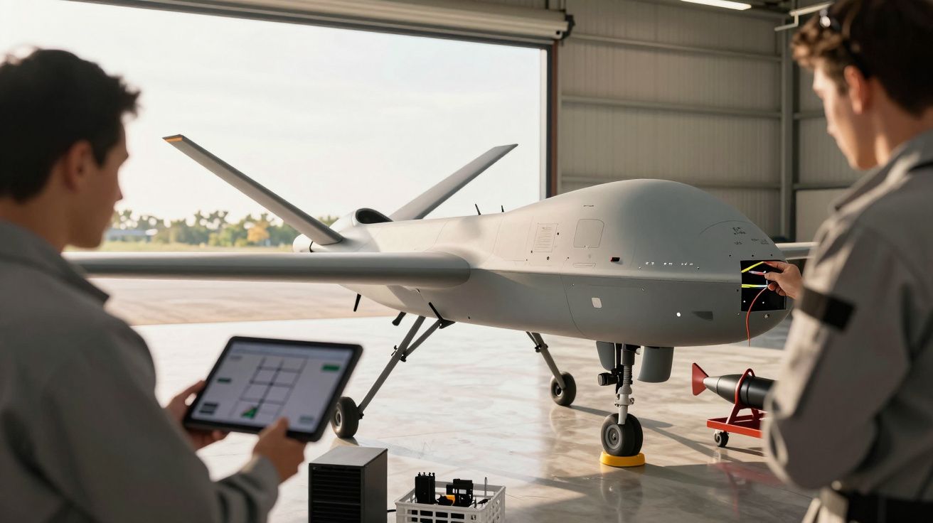 Dwóch techników pracuje przy dronie w hangarze, jeden z tabletem, drugi z panelami kontrolnymi.