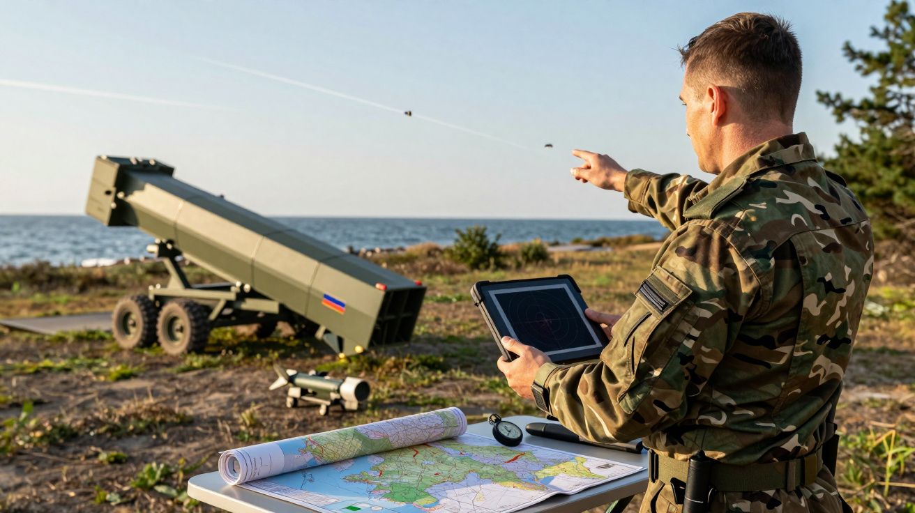 Mężczyzna w mundurze wojskowym obsługuje tablet, tło stanowi krajobraz nadmorski z pojazdem wojskowym i mapą.