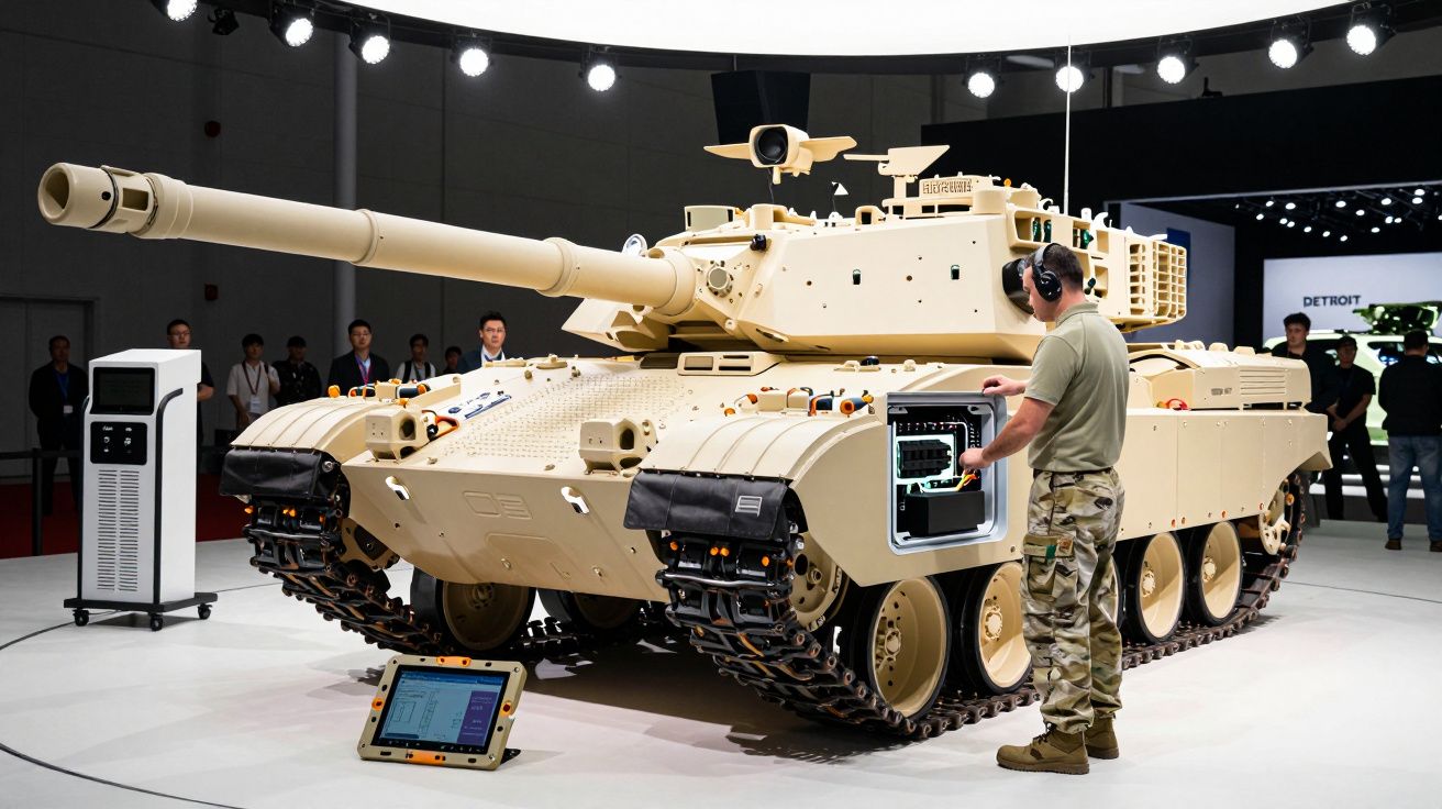 Mężczyzna obsługujący jasnobrązowy czołg na wystawie, z otwartym panelem kontrolnym i ekranem.