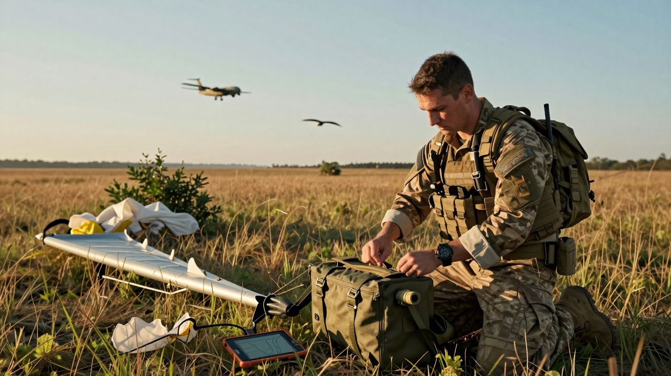 Żołnierz w mundurze polowym przygotowujący sprzęt na łące; w tle lata dron.