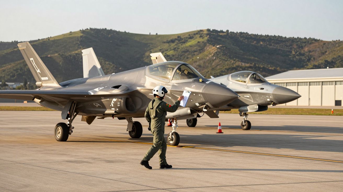 Dwa myśliwce na płycie lotniska, pilot obok jednego z nich, w tle wzgórza i hangar.