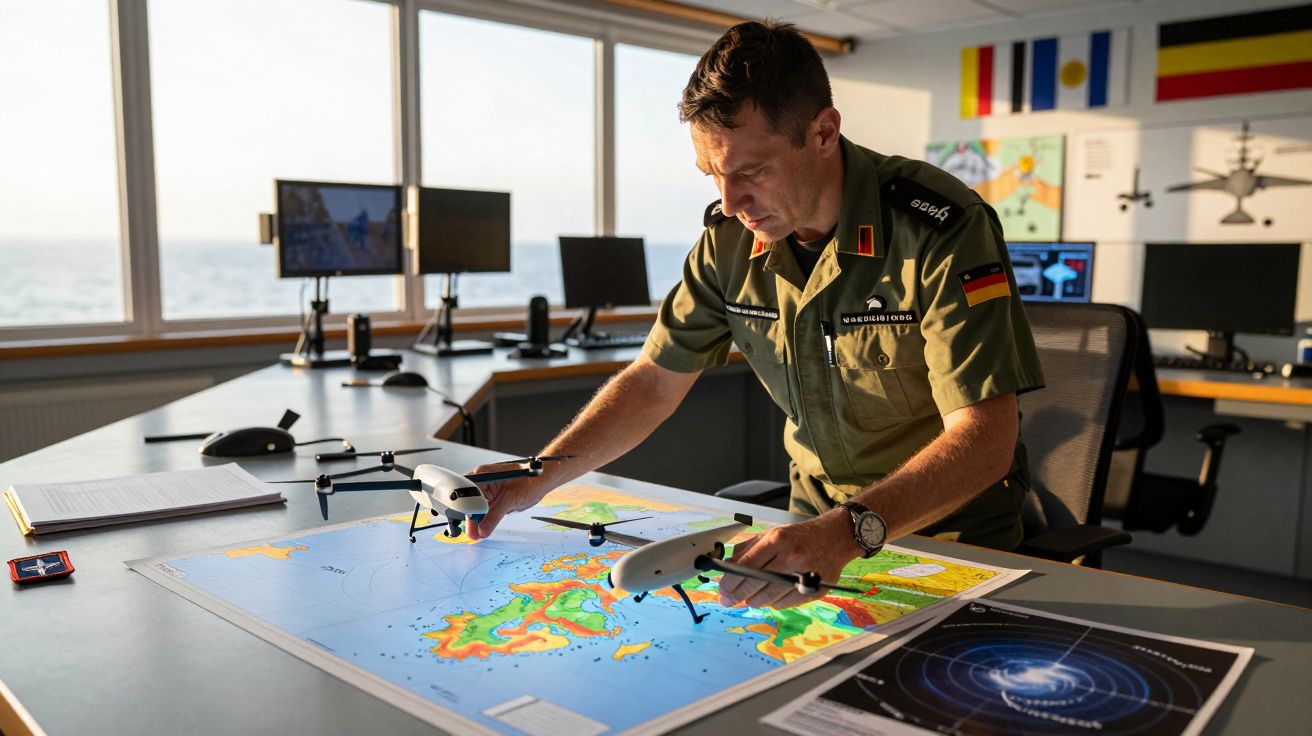 Żołnierz w mundurze studiuje mapę na biurku, trzymając modele dronów w rękach w nasłonecznionym pomieszczeniu.