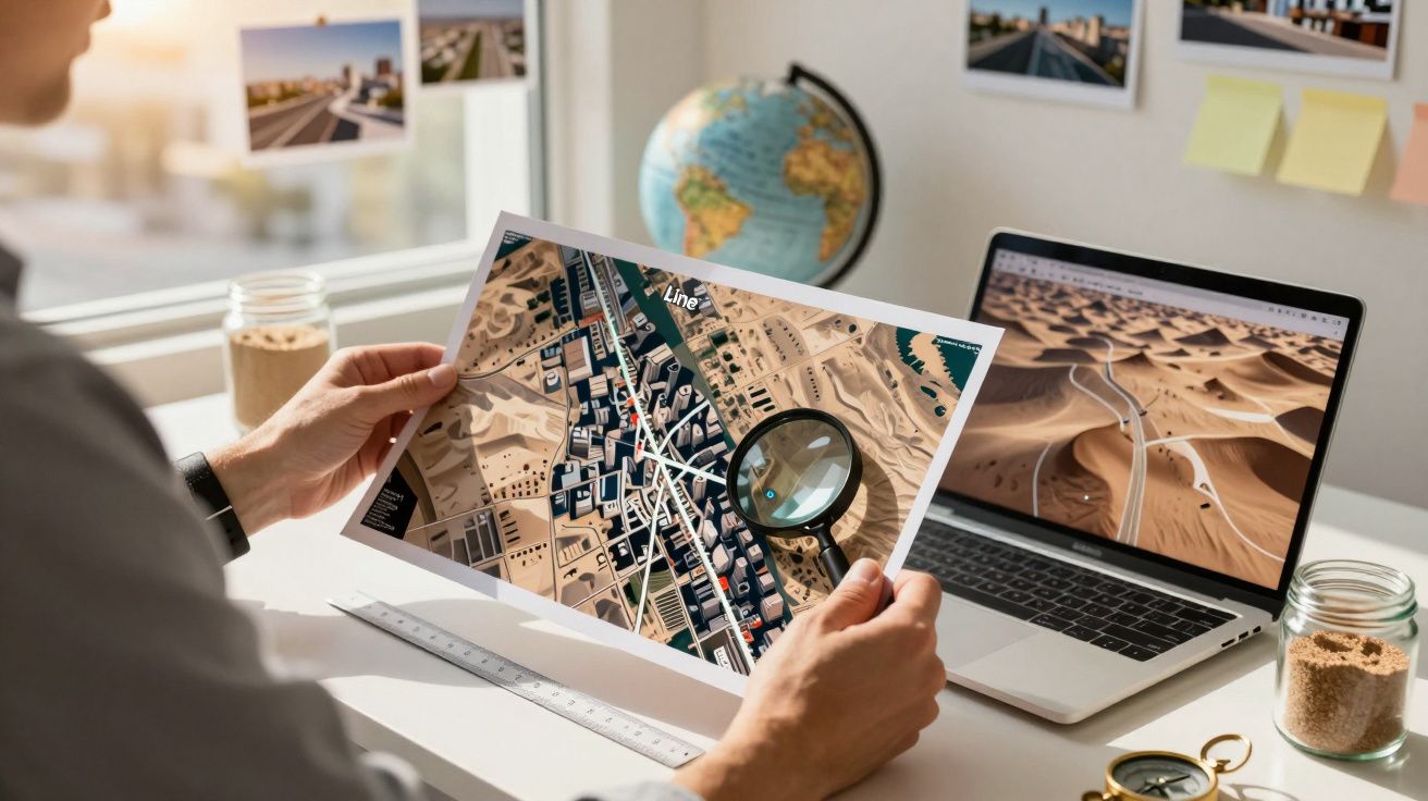 Osoba ogląda wydruk mapy futurystycznego miasta w biurze, na biurku laptop i globus.