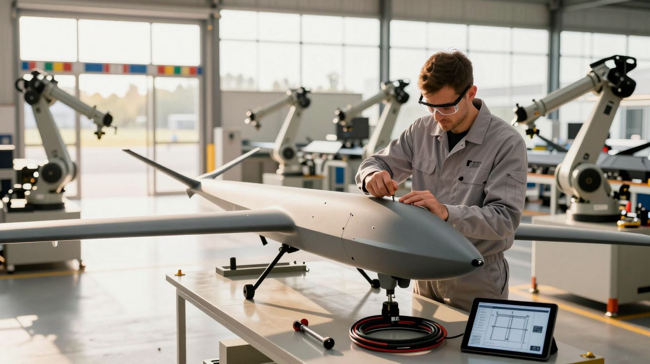Mężczyzna w warsztacie pracuje nad dronem, otoczony ramionami robotycznymi i tabletem z planami konstrukcyjnymi.