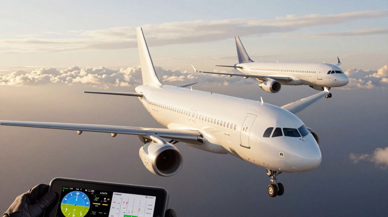 Dwa samoloty pasażerskie lecące nad chmurami w świetle zachodzącego słońca, na pierwszym planie widoczny tablet z danymi lotu