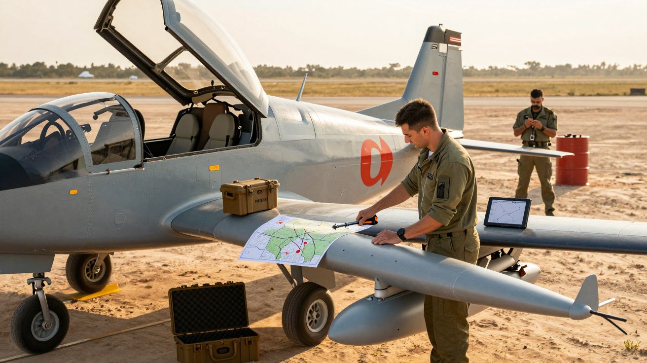 Mężczyzna w mundurze analizuje mapę na skrzydle samolotu w bazie lotniczej na pustyni. Drugi mężczyzna w tle.