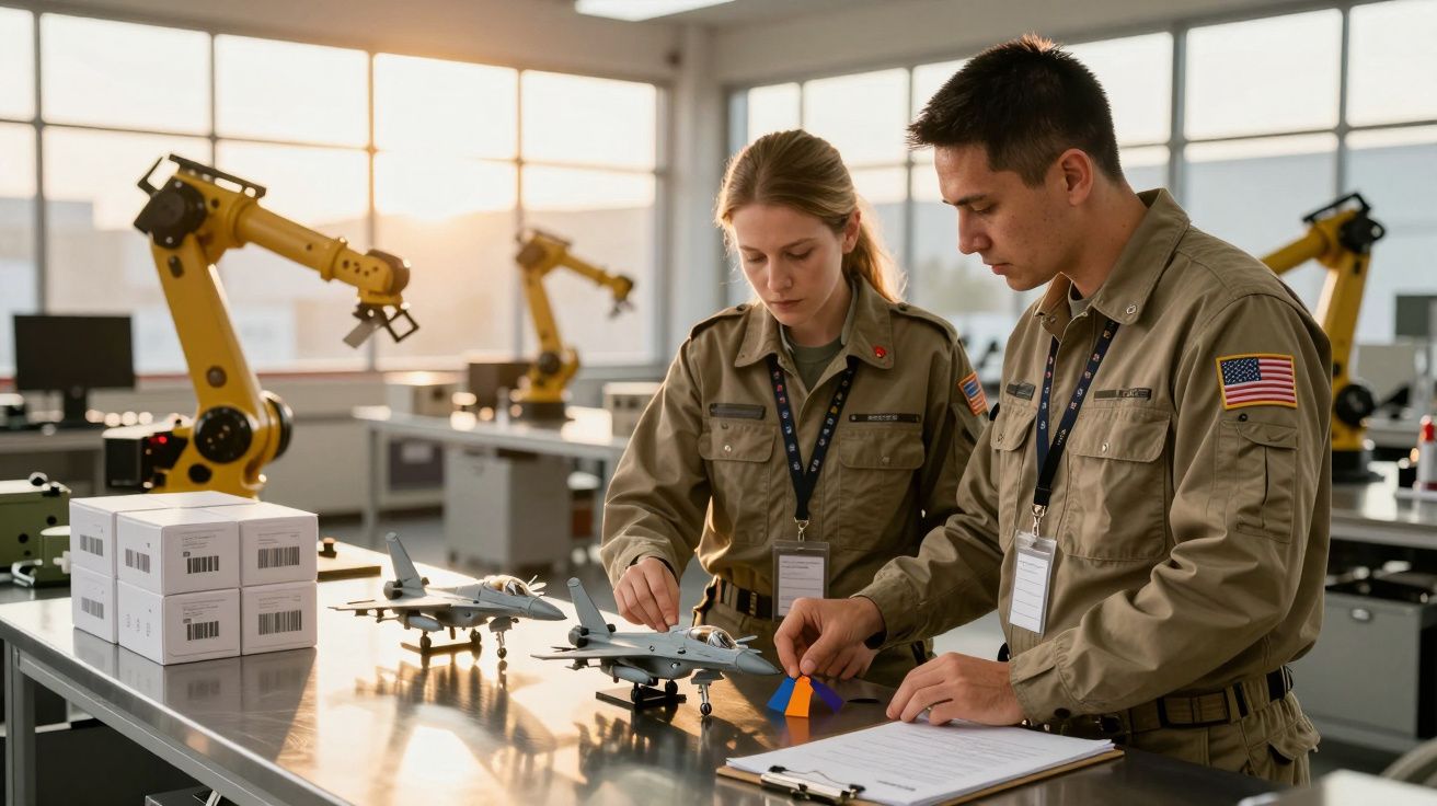 Dwie osoby w mundurach wojskowych pracujące w laboratorium nad modelami samolotów przy biurku z robotycznymi ramionami.