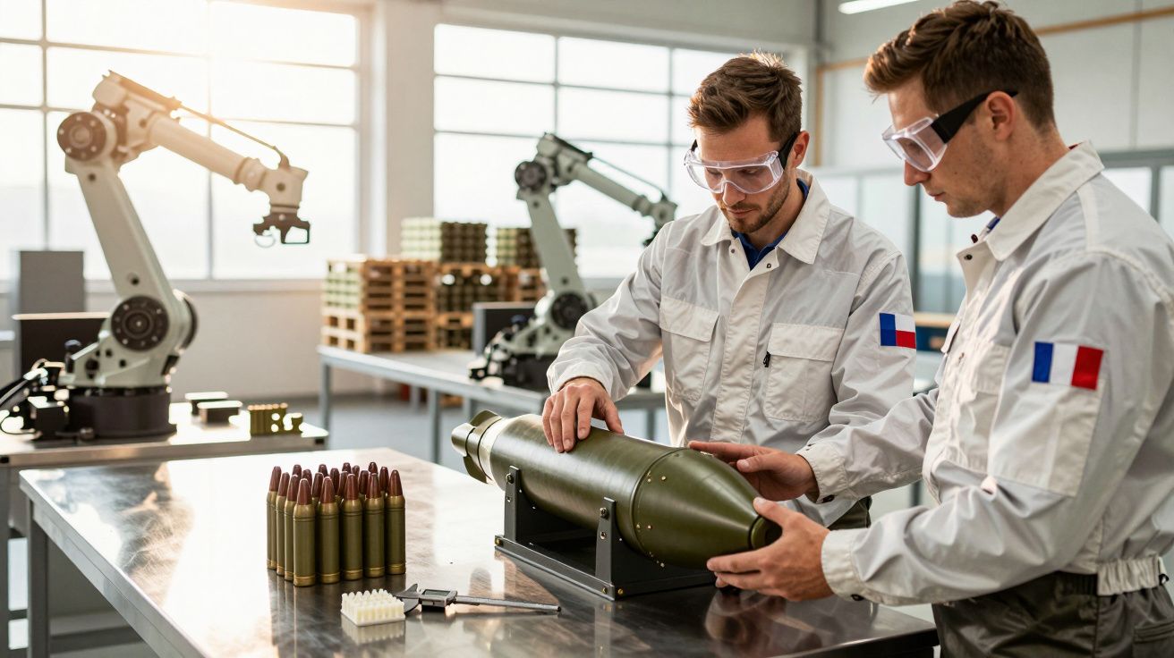 Dwóch mężczyzn w białych uniformach pracuje nad pociskiem w laboratorium z robotami przemysłowymi w tle.