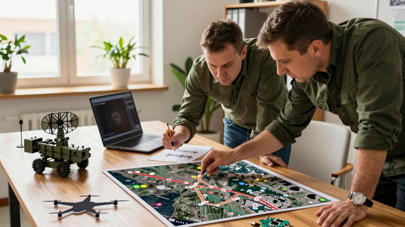 Dwóch mężczyzn analizuje mapę na stole. Na biurku laptop, model satelity i zabawka dron.