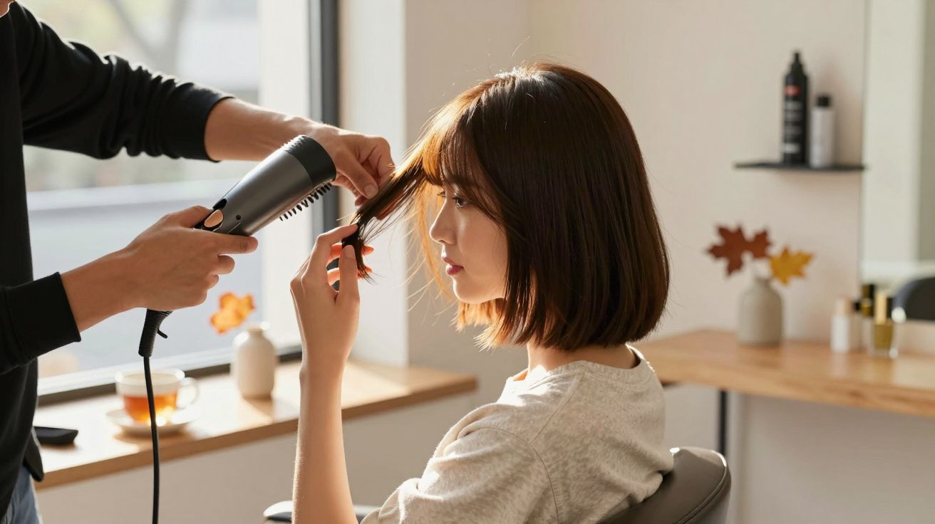 Kobieta z krótkimi włosami w salonie fryzjerskim, używająca suszarki. W tle półka z kosmetykami.