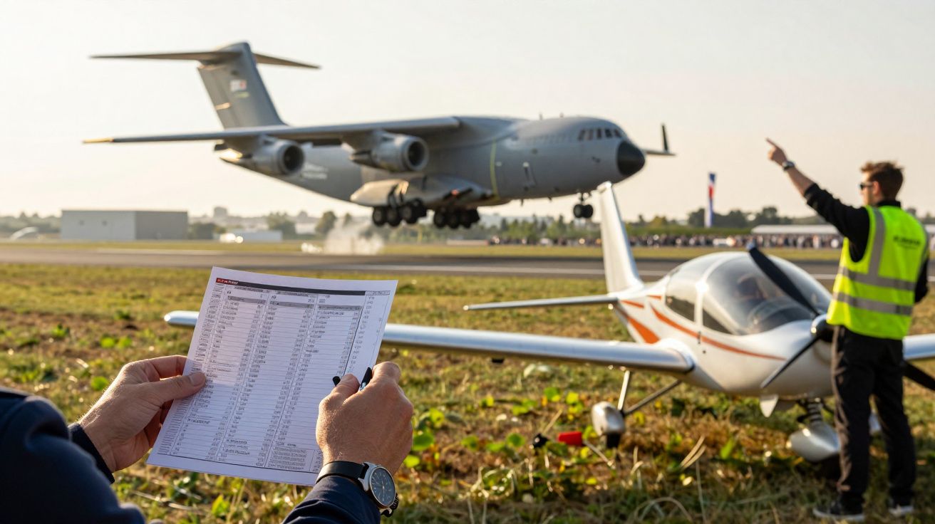 Osoba trzymająca listę, samolot wojskowy lądujący w tle, instruktor wskazuje ręką, mały samolot na pierwszym planie.