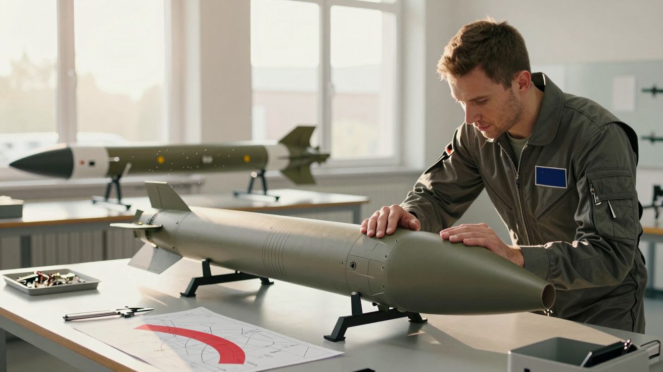 Mężczyzna w kombinezonie sprawdza pocisk na stole, obok plany techniczne i narzędzia.