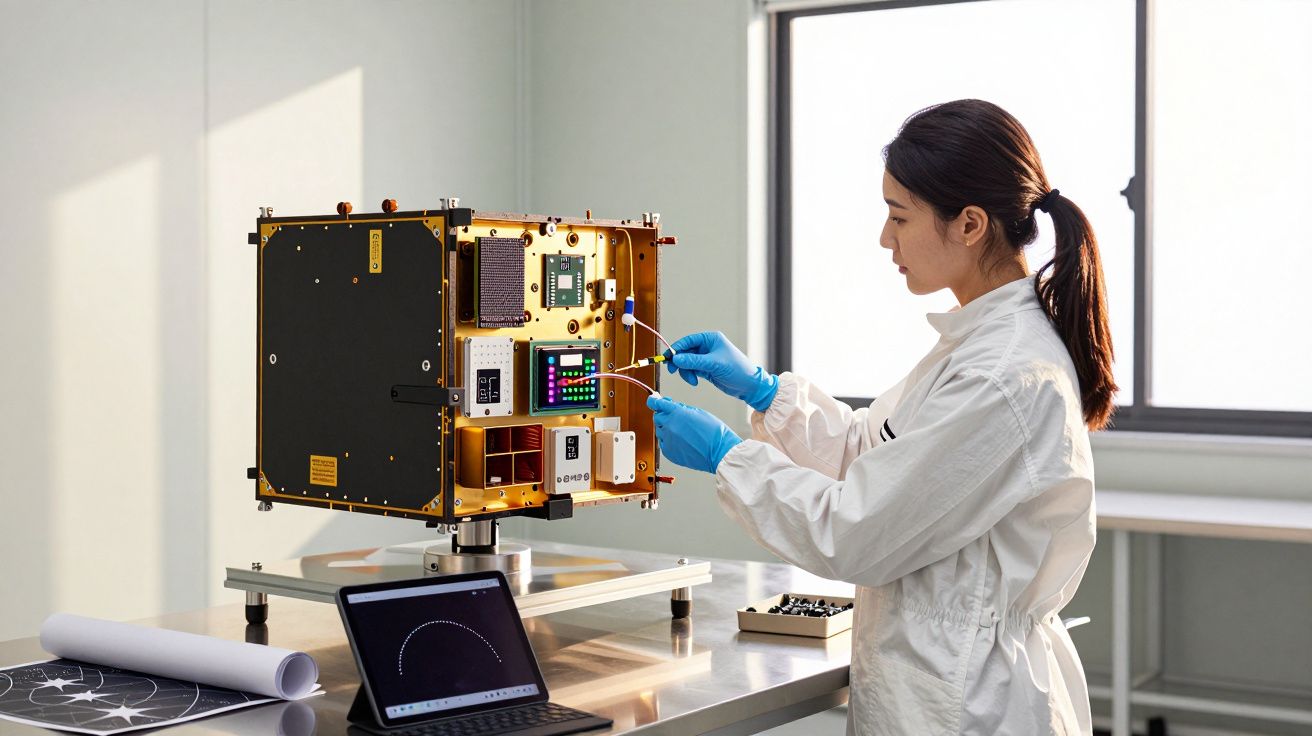 Naukowiec w białym fartuchu pracuje przy elektronicznym urządzeniu w laboratorium, nosząc niebieskie rękawiczki.