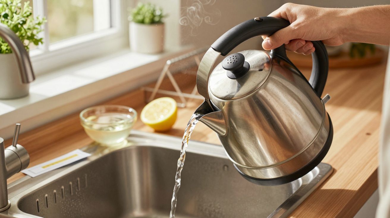 Osoba nalewa wrzącą wodę z czajnika do zlewu w jasnej kuchni, obok cytryny i małej rośliny.