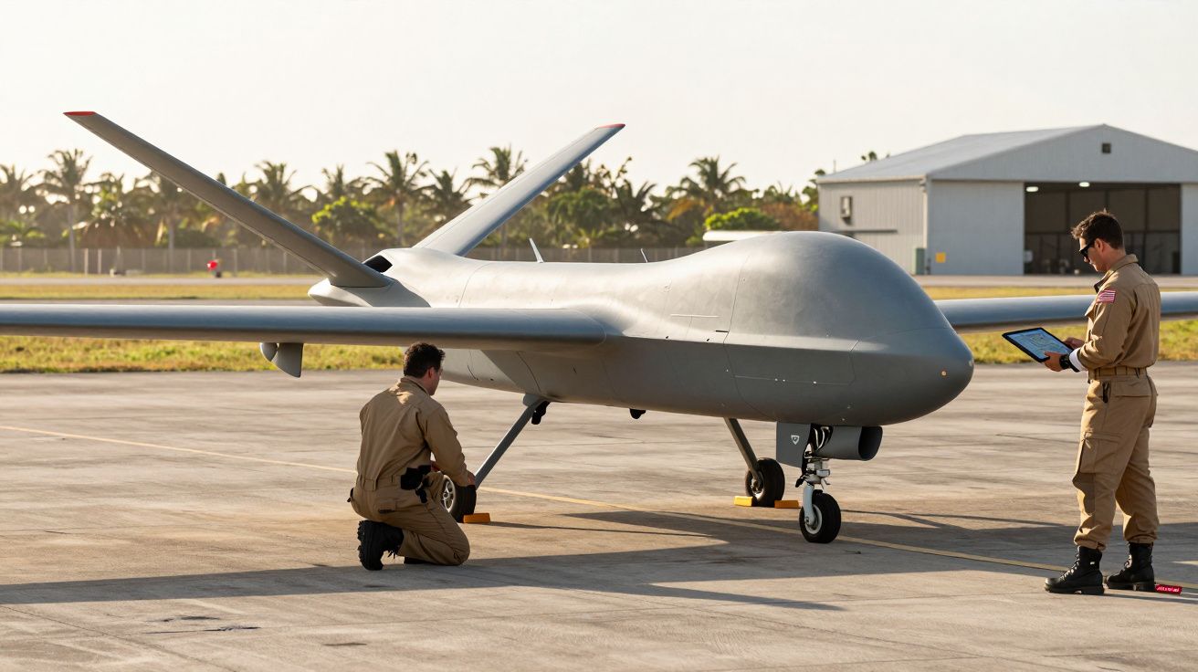 Dwóch mężczyzn w uniformach wojskowych sprawdza drona na lotnisku. Jeden klęczy, drugi trzyma tablet.