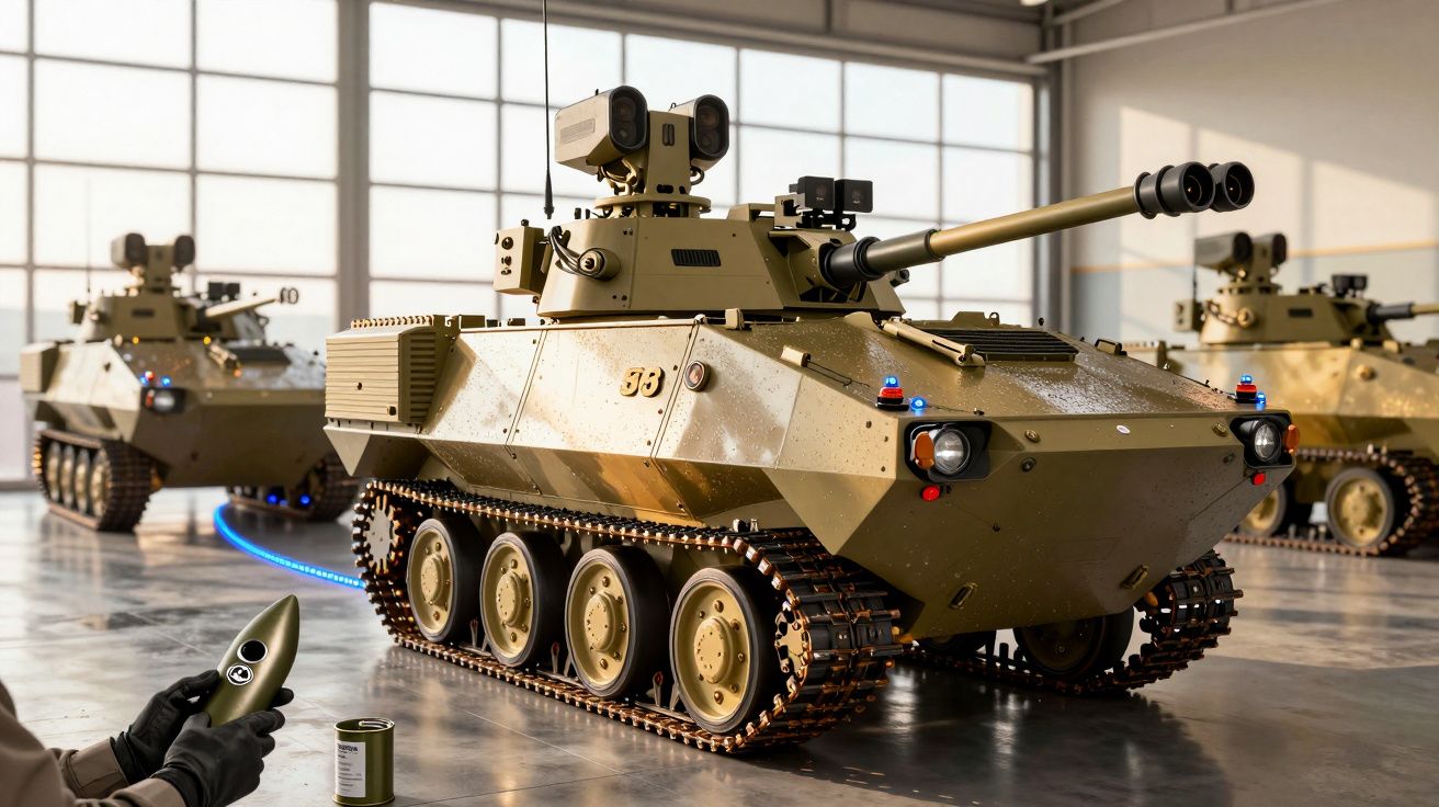 Zdalnie sterowane pojazdy wojskowe w hangarze, osoba trzyma kontroler w ręku.