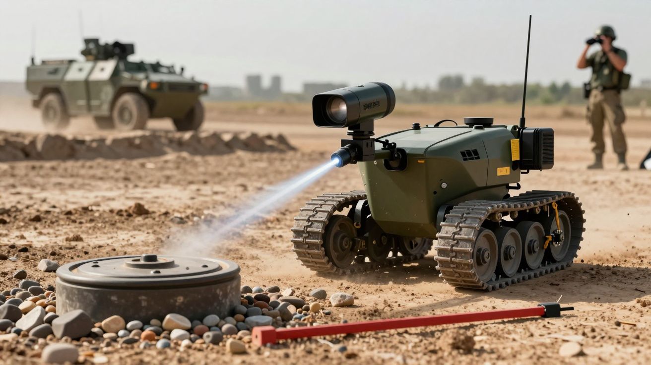 Robot rozbrajający minę w terenie pustynnym, obok pojazd wojskowy i osoba z lornetką.