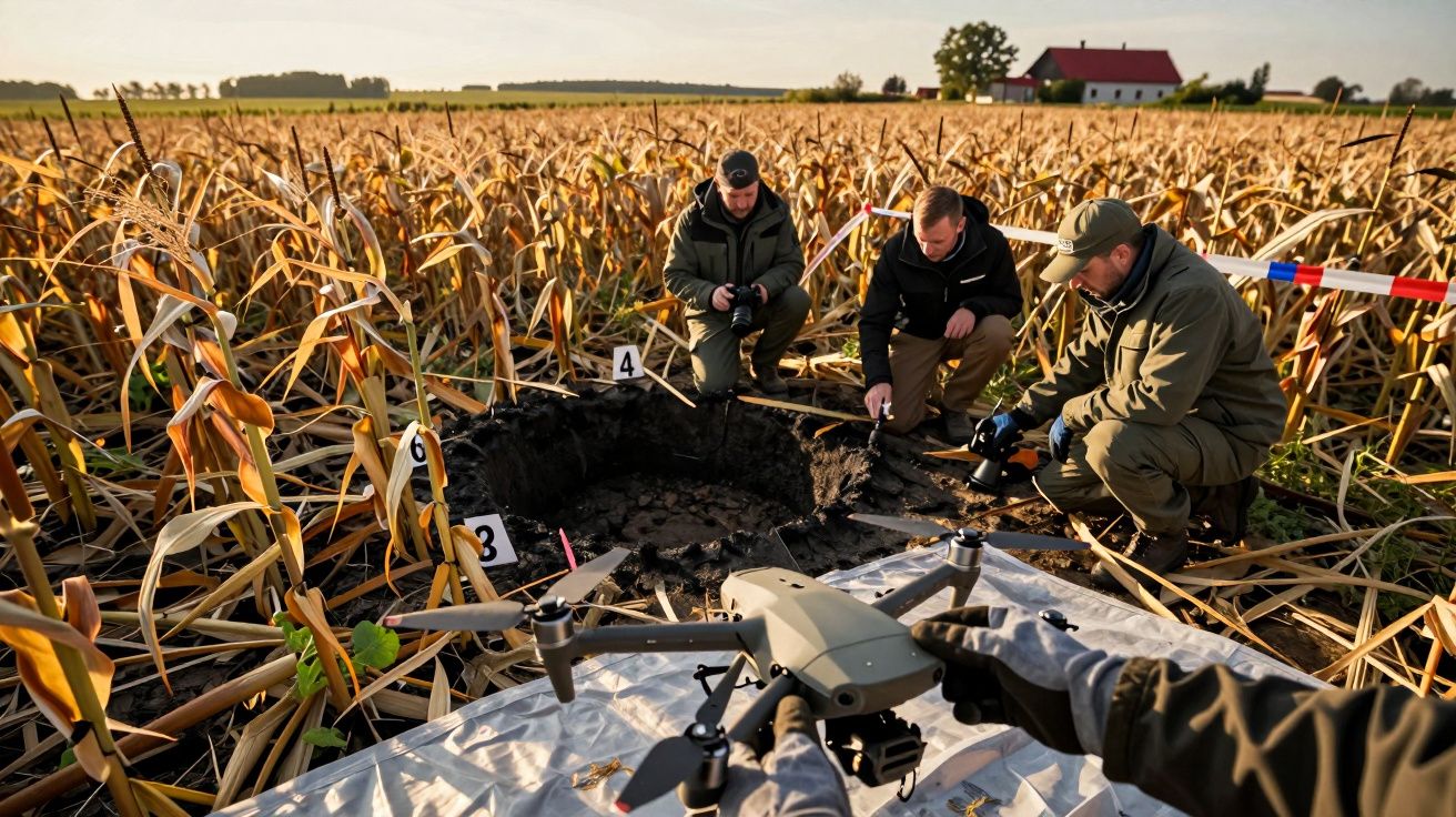 Trzech mężczyzn bada krater w polu kukurydzy. Na pierwszym planie widoczny jest dron.