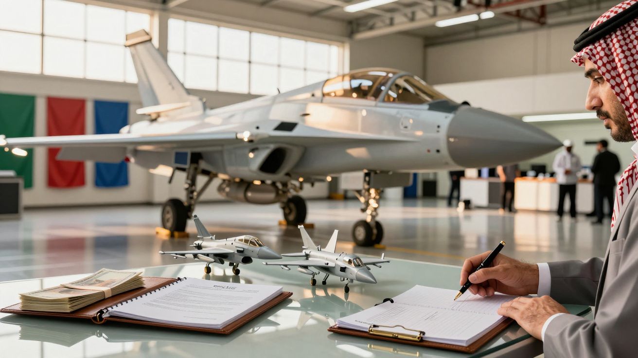 Mężczyzna podpisujący dokumenty przy makietach samolotów, w tle widoczny duży myśliwiec w hangarze.