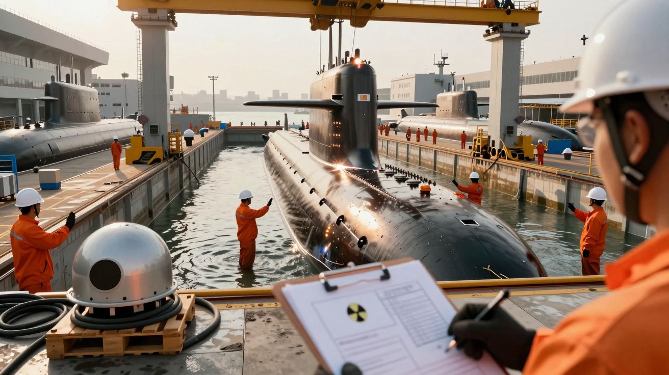 Pracownicy w pomarańczowych uniformach nadzorują wodowanie okrętu podwodnego na stoczni.