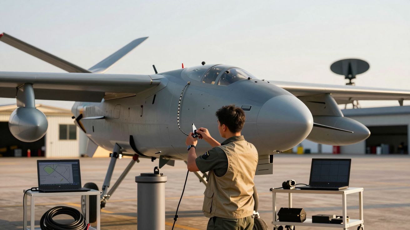 Mężczyzna w kombinezonie kontroluje drona na lotnisku, obok dwa laptopy i sprzęt techniczny.